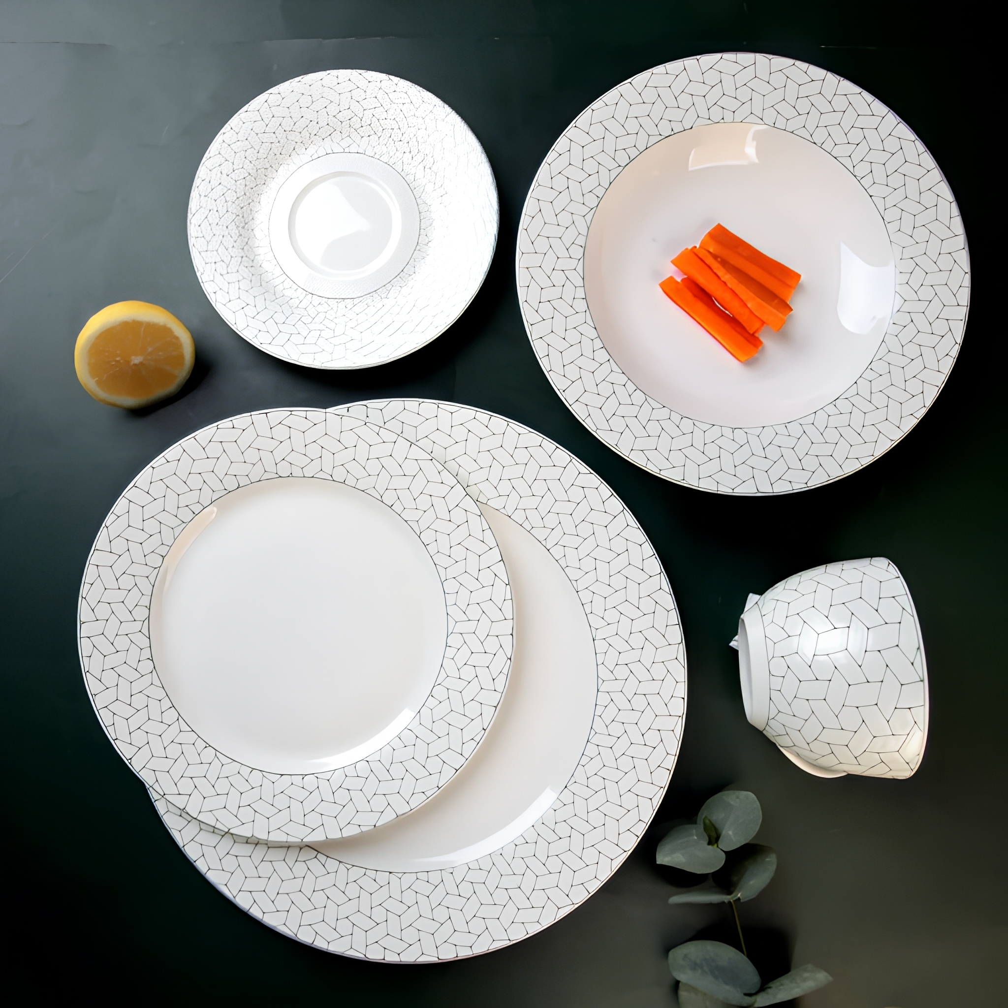 embossed decal new bone china 20pcs porcelain dinner sets with rimmed dinner plate side plate tea cup and saucer and soup bowl