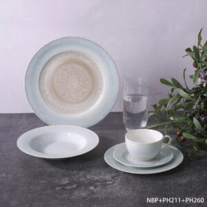 New Bone China Dinnerware Supplier Muted Nordic Natural Texture Private Label Tableware Set with Rim Shape for Everyday Use