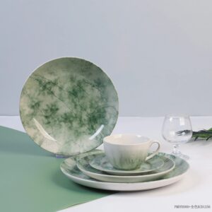 Private Label Tableware Ceramic Stoneware Dinner Set with Green Marble Design with Plates and Bowls for Home and Brands OEM