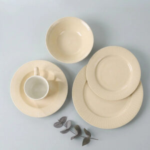 Ceramic New Bone China Dinnerware Supplier Butter Yellow Dinner Set with Cream Embossed Design Plates for Daily-use OEM Service