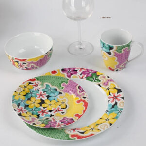 Custom White Glazed Decal Porcelain Dinnerware Round 16 PCS Ceramic Dinner Dish Set On-Glazed Decal Plate Bowl Dinnerware Set