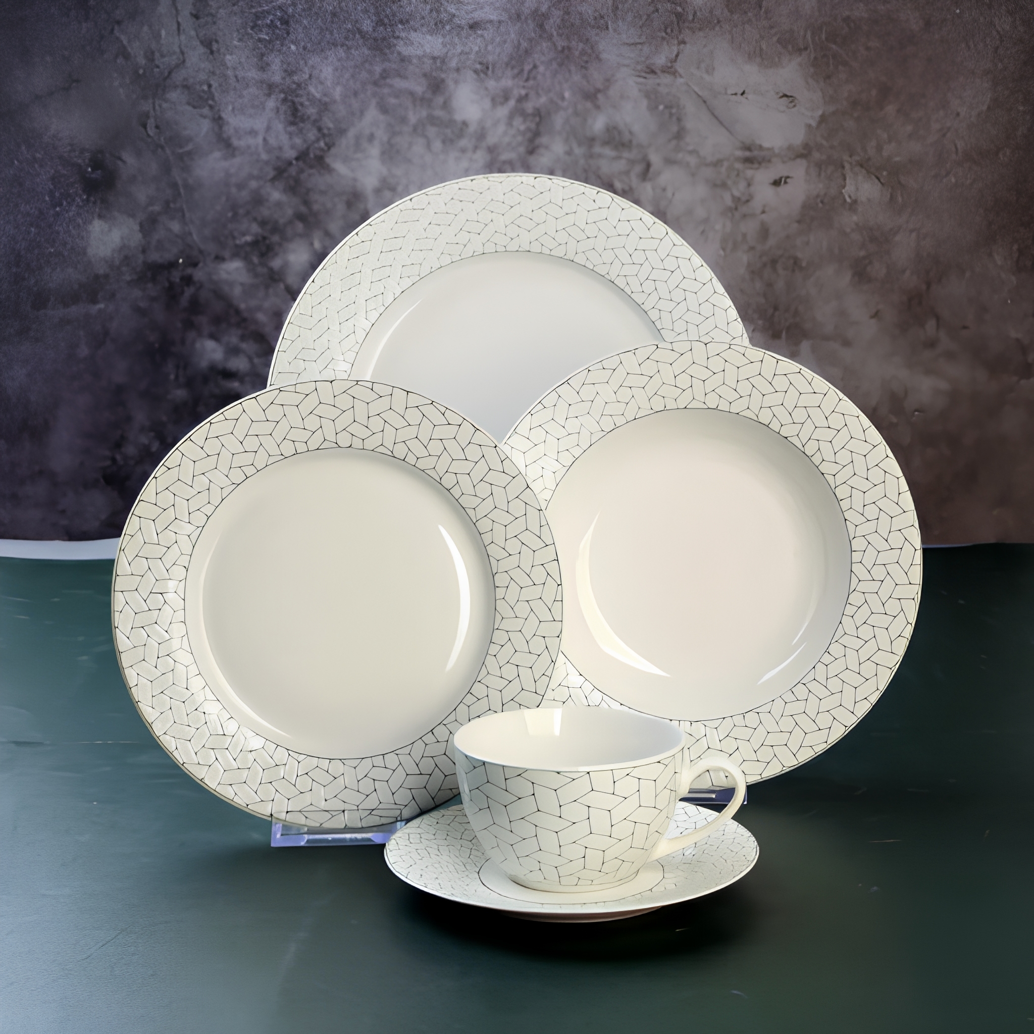 Wholesale 20-Piece Modern Geometric New Bone China Dinnerware Set | YZC Ceramics embossed decal new bone china 20pcs porcelain dinner sets with rimmed dinner plate side plate tea cup and saucer and soup bowl