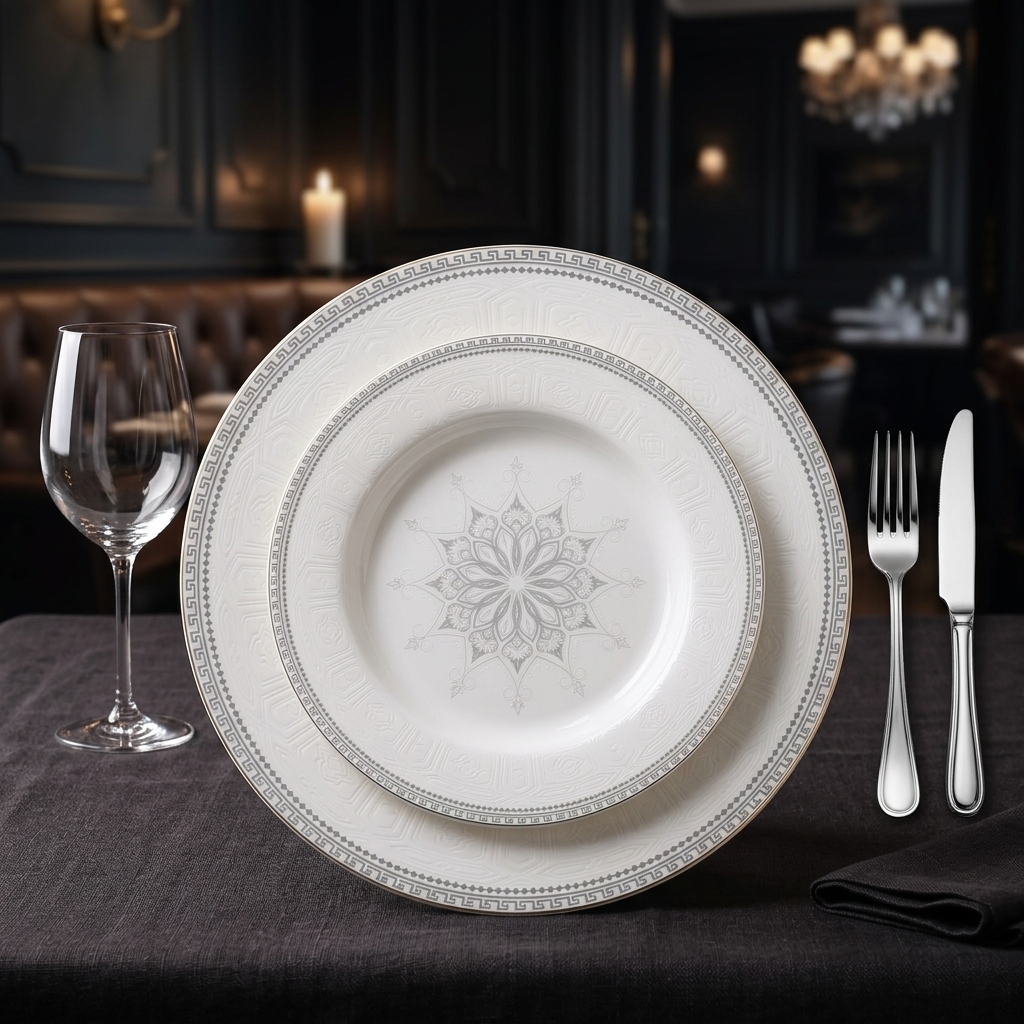 neo classic arabesque geometric pattern new bone china dinner plate | yzc ceramics neo classic arabesque geometric pattern new bone china dinner plate | yzc ceramics