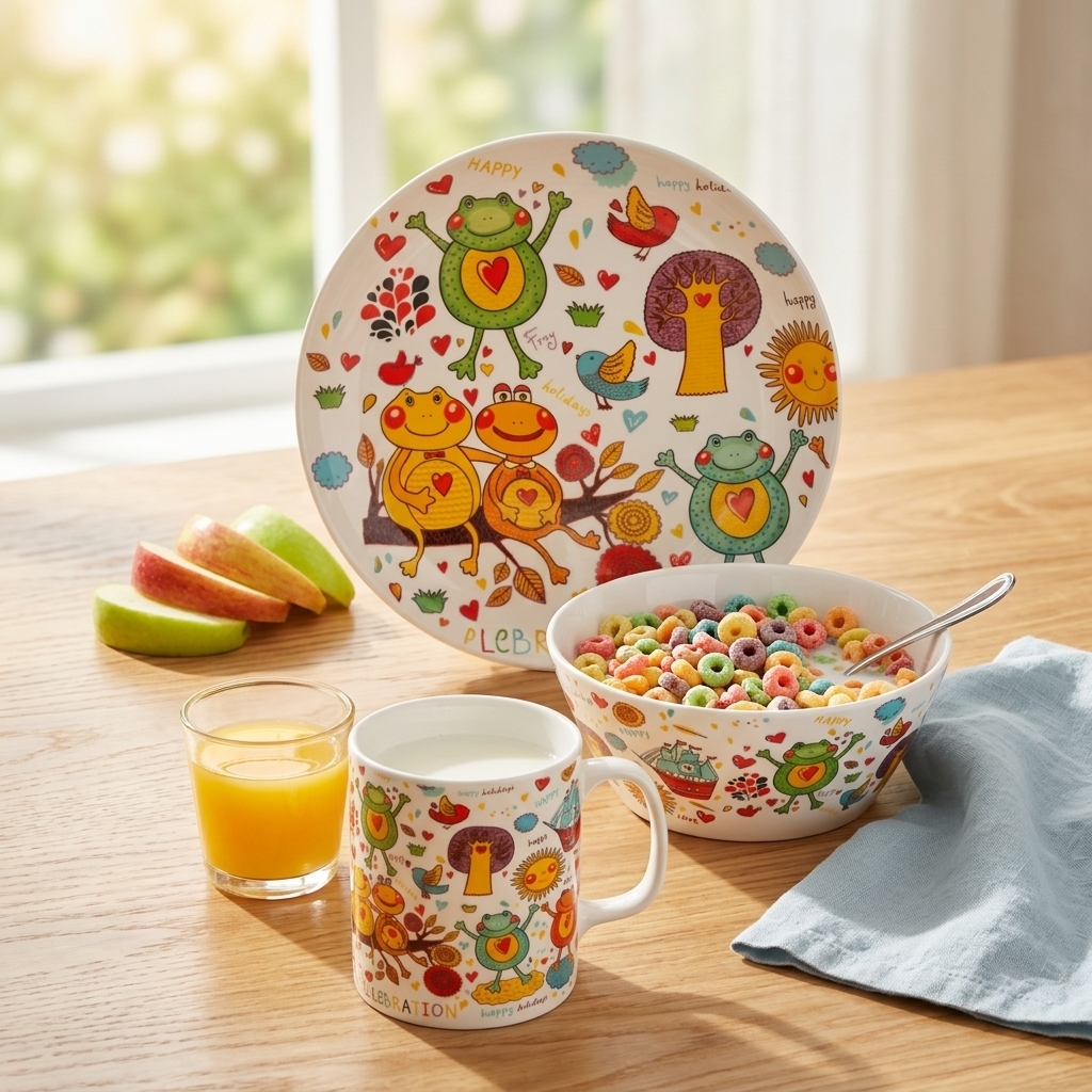 playful frog pattern kids 3 piece new bone china dinnerware set | yzc ceramics playful frog pattern kids 3 piece new bone china dinnerware set | yzc ceramics