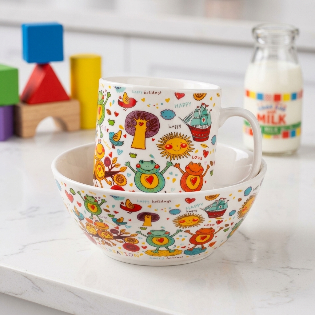playful frog pattern kids 3 piece new bone china dinnerware set | yzc ceramics playful frog pattern kids 3 piece new bone china dinnerware set | yzc ceramics