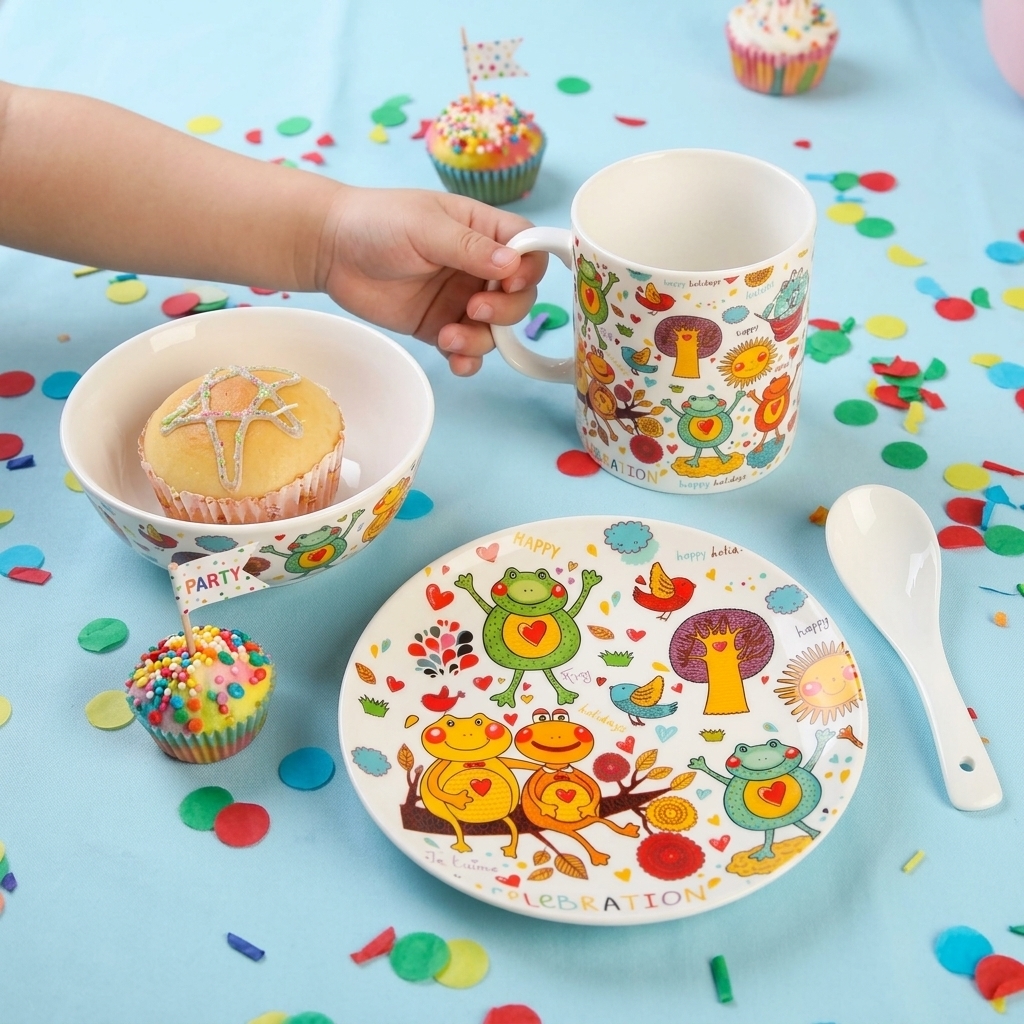playful frog pattern kids 3 piece new bone china dinnerware set | yzc ceramics playful frog pattern kids 3 piece new bone china dinnerware set | yzc ceramics